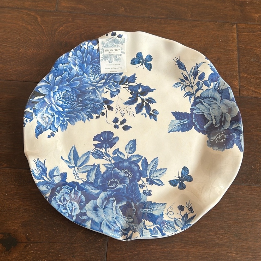 Shabby Chic 2 Dinner Blue White  Plates New Floral Scalloped Melamine